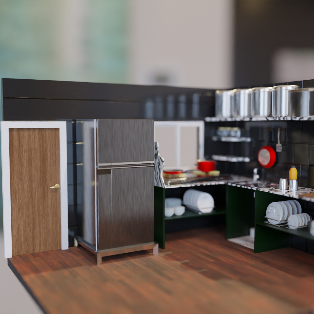 A 3D render of a miniature kitchen